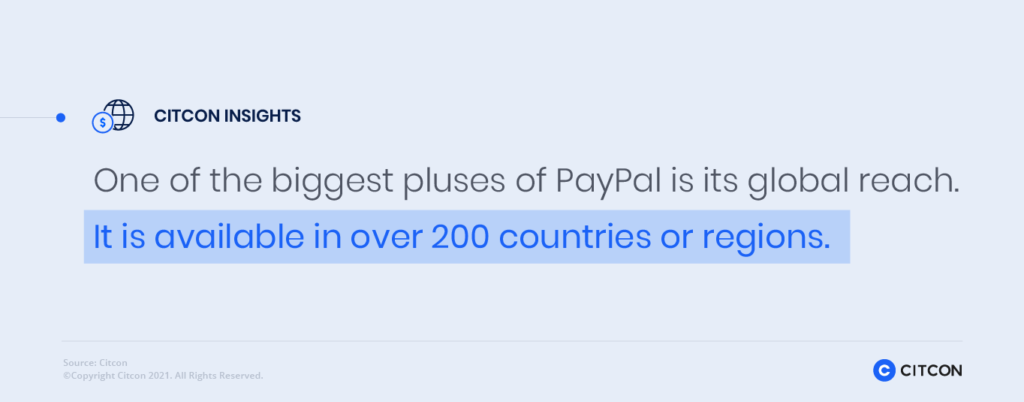 Citcon Insights: One of the biggest pluses of PayPal is its global reach. It is available in over 200 countries or regions.