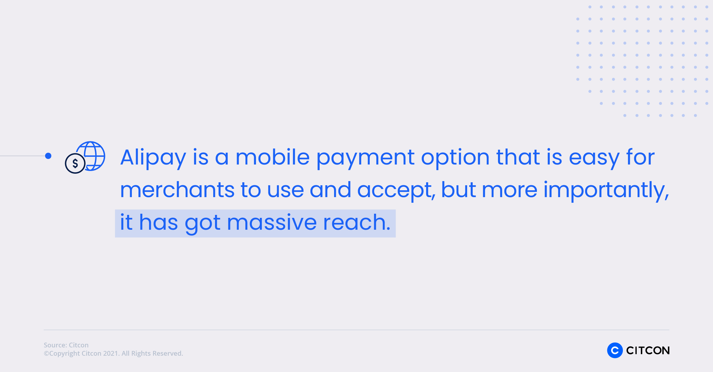 Alipay is a mobile payment option that is easy for merchants to use and accept, but more importantly, it has got massive reach.