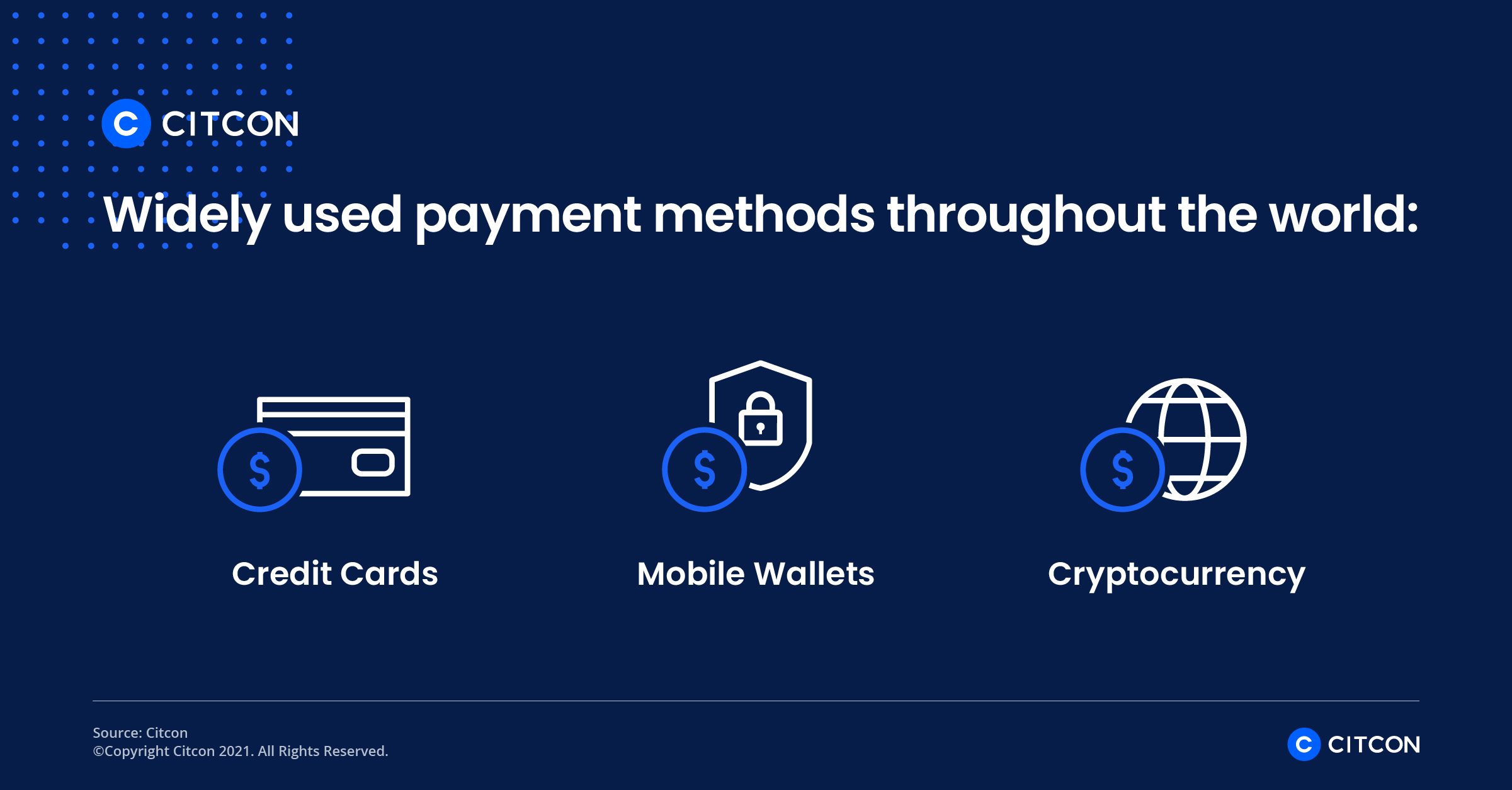 Widely used payment methods throughout the world: credit cards, mobile wallets, cryptocurrency