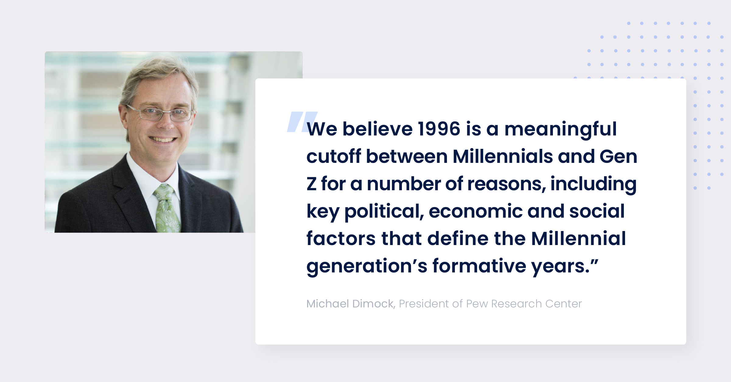 A quote pulled from the text that reads: "We believe 1996 is a meaningful cutoff between Millennials and Gen Z for a number of reasons, including key political, economic and social factors that define the Millennial generation's formative years." - Michael Dimock, President of Pew Research Center